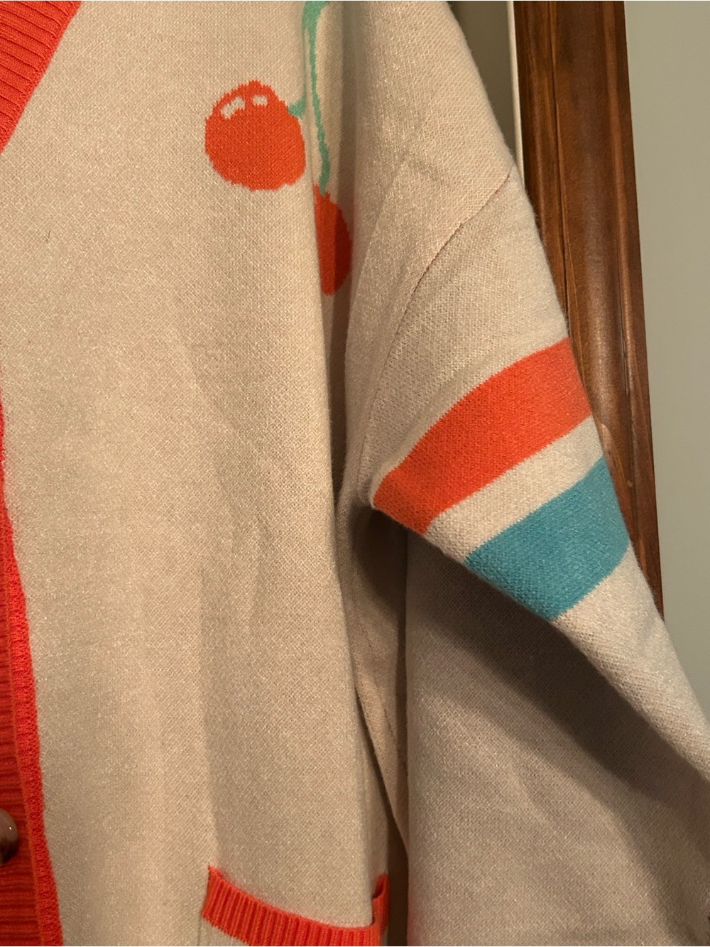Cream Cardigan with Coral Trim & Cherry Detail NWOT - Picture 3 of 5
